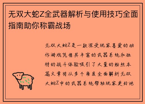 无双大蛇Z全武器解析与使用技巧全面指南助你称霸战场 无双大蛇Z全武器解析与使用技巧全面指南助你称霸战场